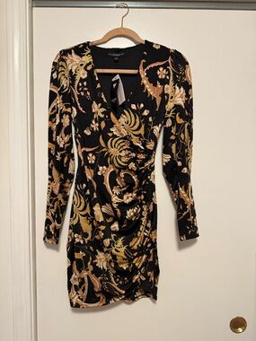 GUESS Black Dress with Gold & Cream Floral Print, Long Sleeve NWT